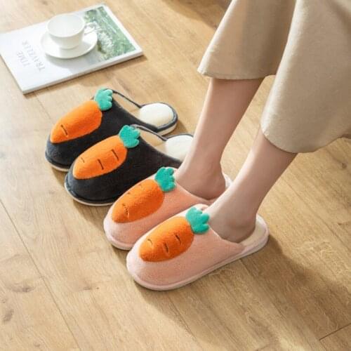 Women Cotton Fabric Plush Slippers Men And Women Couple Carrot Pattern Print Winter Non-Slip Home Warm Home Indoor Shoes