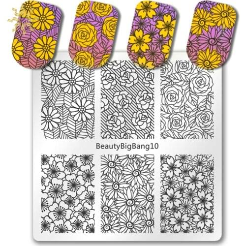 Beautybigbang 1Pcs Nail Stencil Stamp Template Rose Flower Leaves Wave Sea Images Stainless Steel Nail Art Stamping Plates