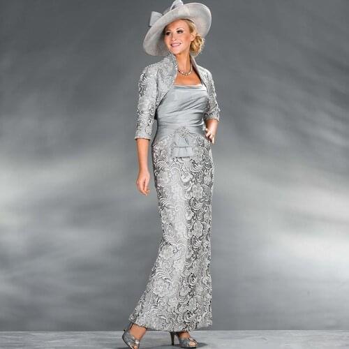 Unique Gray Lace Ankle Length Mother of the Bride Dresses With Jacket Shoulders Straps Wedding Party Gowns Pleated 2020 Latest