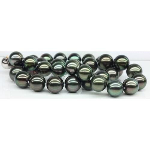 925 silver real natural big Huge 18"12-13mm real Tahitian black peacock green round pearl necklace AA+ (09.08)