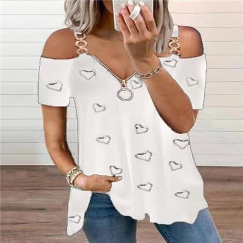 Love Heart Printed Women T-shirts Summer Sexy Zipper V Neck Solid Tops Chain Shoulder Straps Off-shoulder Short-sleeved T-shirt
