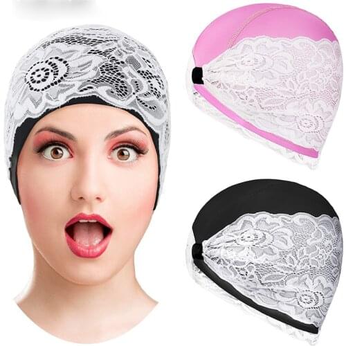 Women Swimming Cap PU Waterproof Lace Flower Sports Surfing Pool Hat Elastic Shower Bathing Caps for Long Short Hair