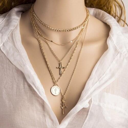 Bohemian Gold Chain Necklaces for Women Rose Flower Cross Pendant Coin Charm Necklace Clavicle Chain Summer Party Jewelry