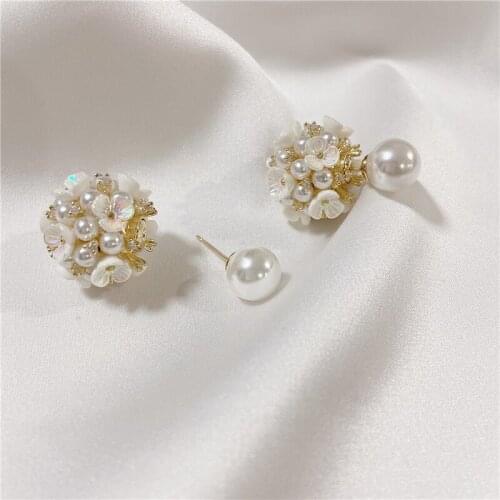 French Fashion Pearl S925 Silver Post Earring Retro Shell Flower Pearl Ball Stud Earrings For Women Grils Trendy Jewelry Gift