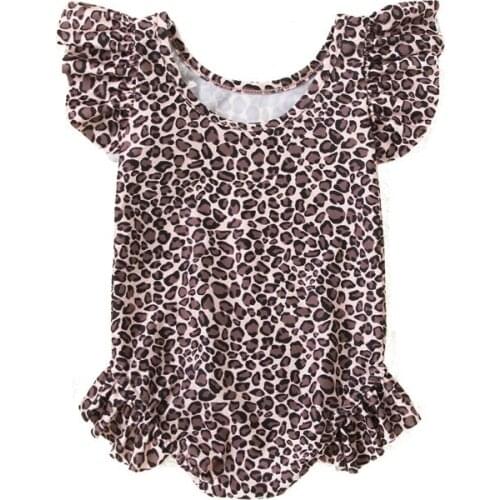Xingqing Girl One Piece Leopard Swimsuit Short Sleeve Round Collar Beach Ruffle Romper Kids Beach Suit Bathing Swimming Clothing