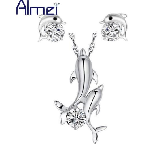 Almei Bridal Cute Dolphin Necklace with Earring Stone Fashion Silver Color Costume Jewelry Sets For Women Animal Bijoux TN324