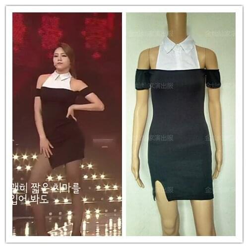 Kpop AOA jazz stage Performance same black sexy slim strapless dress women korean summer fashion sexy lapel splice Split dresses