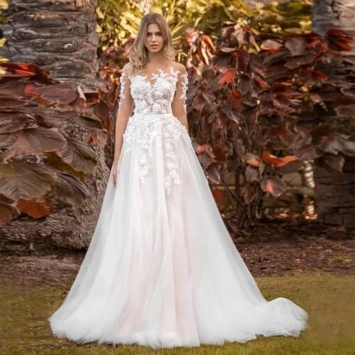 O Neck A-line Half Sleeve Wedding Dresses Back Button Lace Appliques Bridal Gown Robe De Mariage Wedding Gown Vestido De Noiva