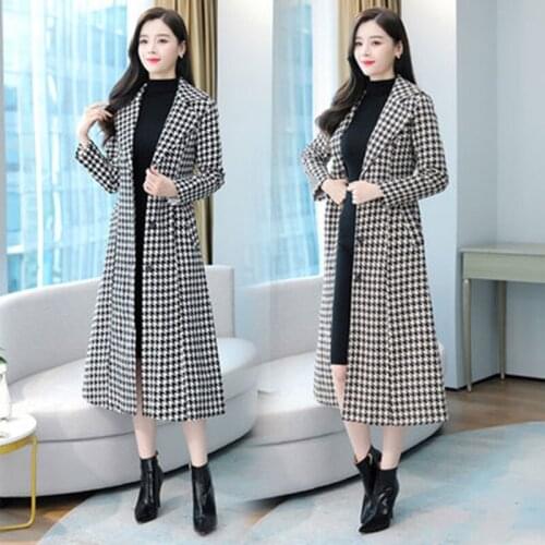2021 Autumn And Winter Suit Collar Plus Cotton Thickening Long Temperament Ladies Korean Houndstooth Tweed Slim Slim Coat