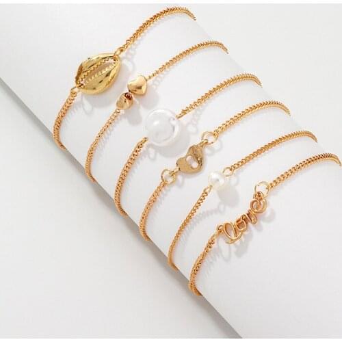 6 PCS/SET Fashion Creative Gold Color Heart Simulation Pearl Chain Link Wrap Bracelet for Women Girl Best Birthday Gift Bracelet