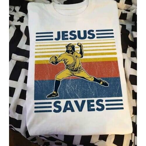 Retro Baseball Jesus Saves Tshirt Men White M - 3Xl