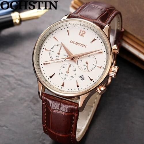 OCHSTIN Man Wristwatch Top Luxury Brand Chronograph Calendar Genuine Leather Men Quartz Watch Military Army Sport Male Clock 050