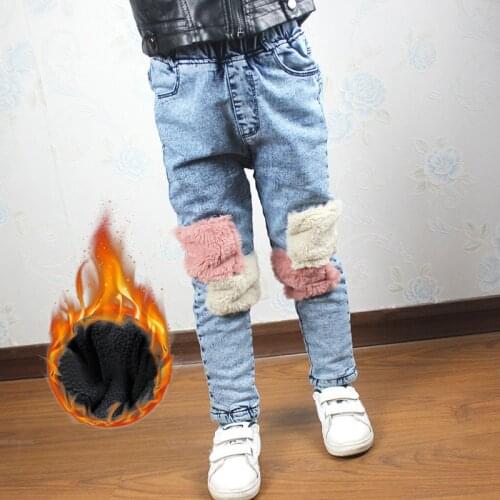 Boys Girls Plush Patch Jeans Winter New Children Warm Thermal Cotton-padded Trousers Kids Thicken Plus Velvet Denim Pants