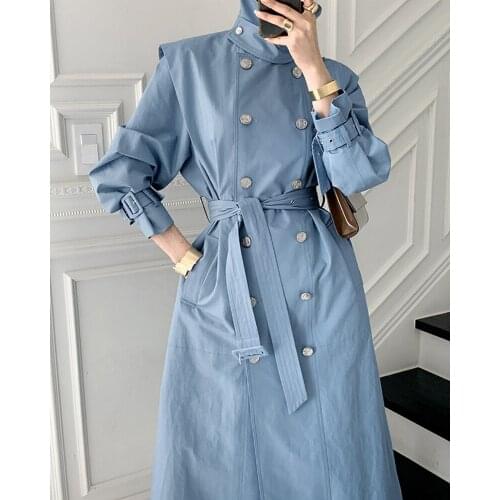 Elegant Womens Autumn Trench Coat British Style Double-Breasted Lace-Up Solid Color Jacket Korean Clothing Female Windbreaker