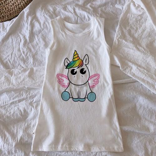 New Unicorn Dress Fashion Dress Kids Print Summer Dress Girl Cute Sweet Casual Girl Dress Round Neck White New Sleeveless Dress