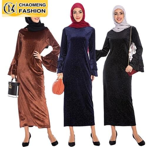 2021 New Winter Designs Long Flare Sleeve Velvet Muslim Women Dress Kaftan Dubai Abaya Islamic Clothing
