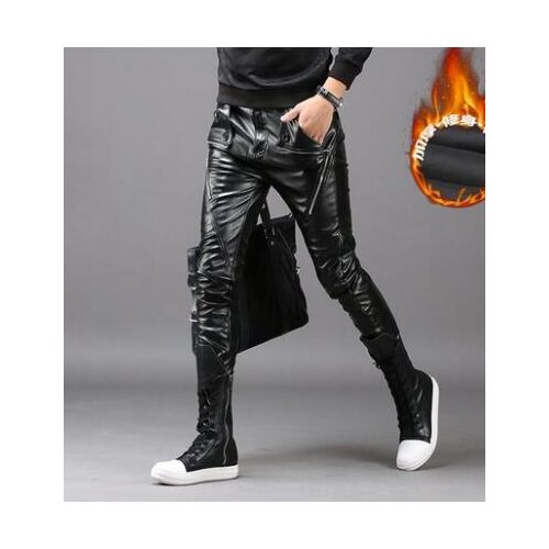 Autumn winter korean personality fashion motorcycle faux leather pants mens feet pants tight pu trousers for men thicken black