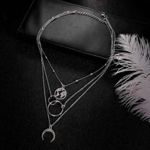Necklace Women Retro Moon Necklaces Woman Jewelry Chain Couples Silver Color Classic High Quality Alloy Multilayer Collares