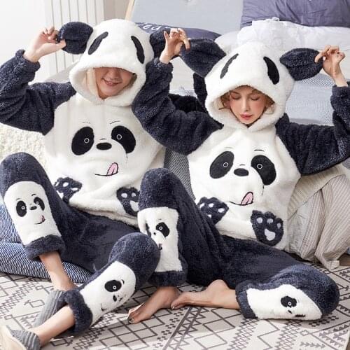 Couples Pajamas Sets Winter Thicken Pyjamas Women Men Sleepwear Cartoon Panda Korean Lovers Homewear Soft Warm Pijama Hoodies