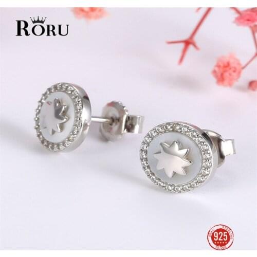 Real 925 Sterling Silver Earrings Round Cubic Zirconia Earrings White Shell Small Dazzling Earrings Women Jewelry