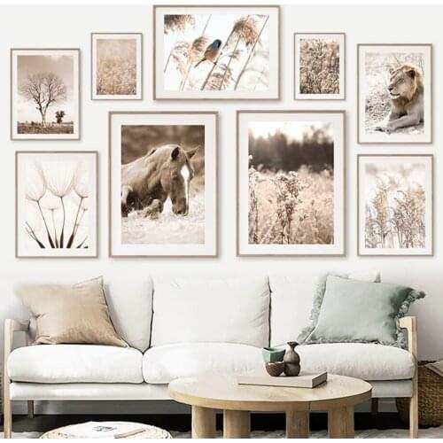 Nordic Posters And Prints Living Room Decoration Wall Pictures Lion Horse Bird Reed Dandelion Tree Girl Wall Art Canvas Painting