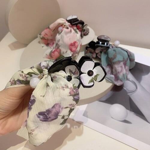 Korean Hair Clips Hair Claws Sweet Chiffon Flower Ribbon Shark Clip Clamp Temperament Fairy Hairpin Flower Clip Hair Accessories