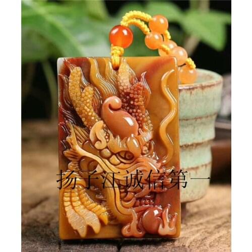 Wonderful Gold jade Pendant carven Dragon Amulet Mala bead Hanging Huang Long Jade