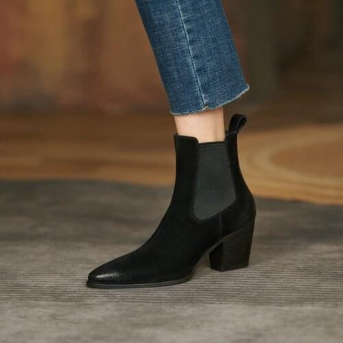 2021 Winter Women Shoes Pointed Toe Chunky Heel Boots Genuine Leather Black/Brown Fashion Boots for Women Concise Modern Boots