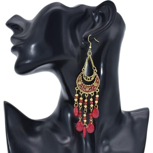 Ladies Fashion Moon Diamond Dangle Earrings Ethnic Red Crystal Beads Long Tassel Wedding Earrings Bohemian Summer Jewelry