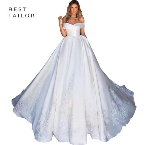 White Wedding Dresses 2021 Satin Off the Shoulder Ball Gown Royal Train Princess Bridal Gown vestidos de novia robe mariage