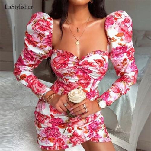LaStylisher Women Bodycon Floral Mini Dress Elegant Long Sleeve Ladies Party Club Dresses Dames Spring Slim Bandage Dress 2020