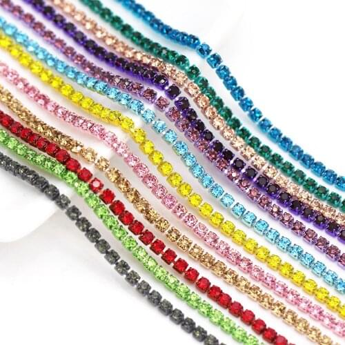 5Yards Colorful Rhinestone Chain Sew on Crystal Same Color Bottom and Rhinestone For Clothes Cup Rhinestone Trim DIY Dresses 2MM