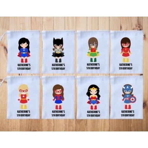 Custom 6pcs any text Girl Super Heroes Birthday Favor Bags Candy Bags Gifts Bags Girl Heroes Party Bags for Gifts or Treats Kids