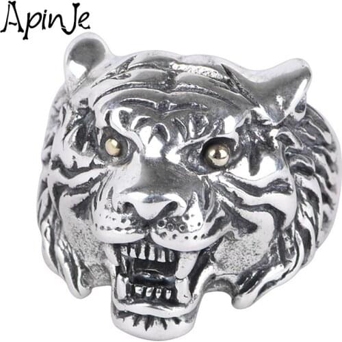 Apinje Vintage 925 Sterling Silver Punk Ring for Men Retro Tiger Biker Men Rings Animal Fine Jewelry