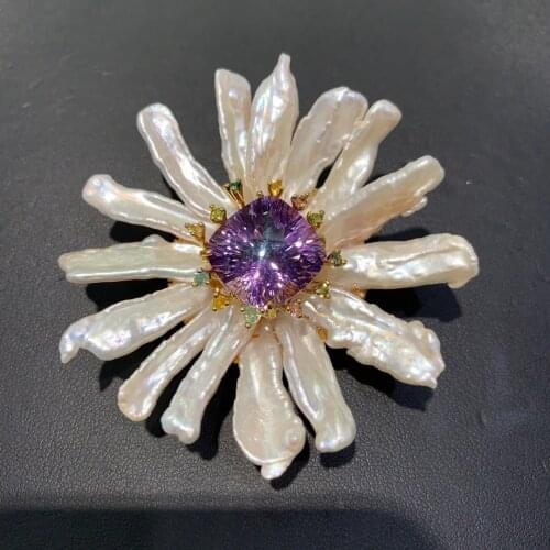 Natural fresh water pearl flower brooch & pendant double use 925 sterling silver with amethyst fine jewelry free shipping