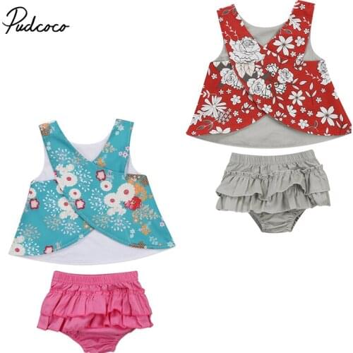 Super Cute Babies 2 PCS Clothing Set Newborn Baby Girl Sleeveless Corss Floral Vest Top Ruffled Bloomers Shorts Outfit 0-24M
