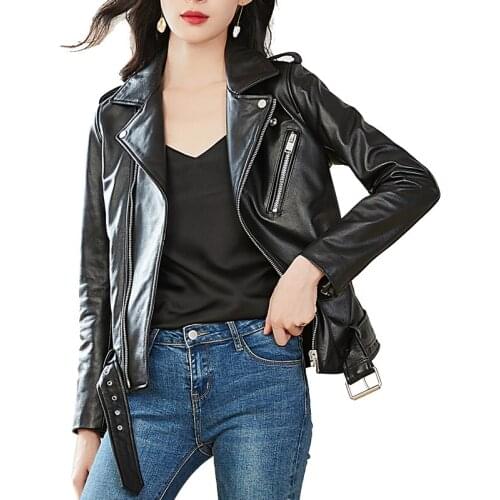 High Quality Black PU Leather Jacket Women Motorcycle Biker Jacket With Belt Female Faux Leather Jacket Zipper Coat