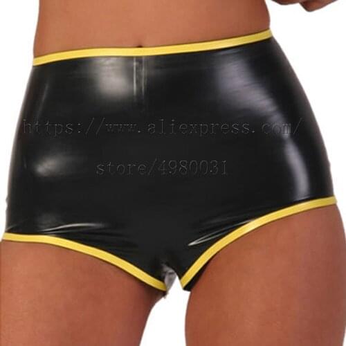 100% handmade latex shorts in black with yellow trim color