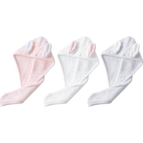 Cute Rabbit Ears Coral Velvet Hair Towel Wrap Turban Microfibre Super Absorbent Quick Drying Bath Cap Button Shower Hat