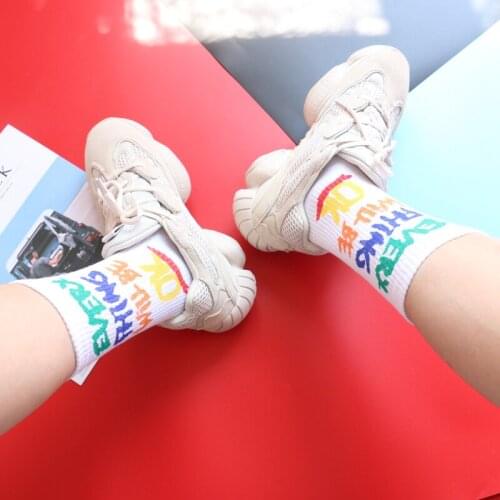 Adult Rainbow Short Crew Street Fashion Cotton Socks Youth Pep Talk Color Words Art Font Multicolour Everything Will Be OK OKAY