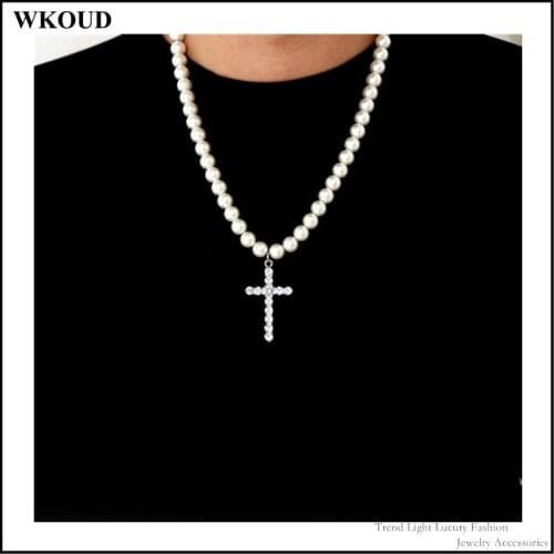 European and American Simple Cross 8-10mm Pearl Contrast Necklace Hip Hop Fashion Stainless Steel Trend Men Women Accessories