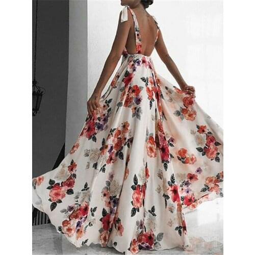 Floral Printed Maxi Dress Women Summer Boho Backless Sleeveless V-Neck Vintage Evening Party Beach Pink Dresses Vestidos