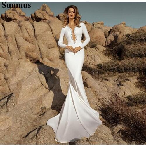 Summus Beading Mermaid Wedding Dresses 2020 Satin Long Sleeves Boho Beach Bridal Dress Robes De Mariee Custom Made