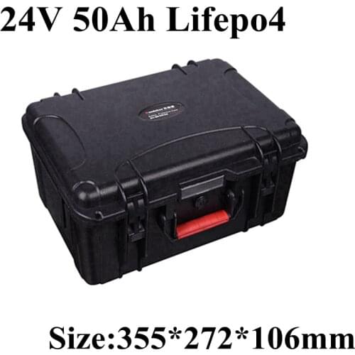 Waterproof 24V 50Ah Lifepo4 battery 24V Lithium battery photovoltaic cell storage solar power motor with BMS 1500W + 10A Charger