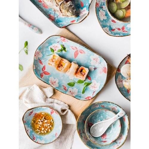Japanese bowls and plates hand-painted magnolia flower ceramic tableware set household dinner plates restaurant ramen bowl