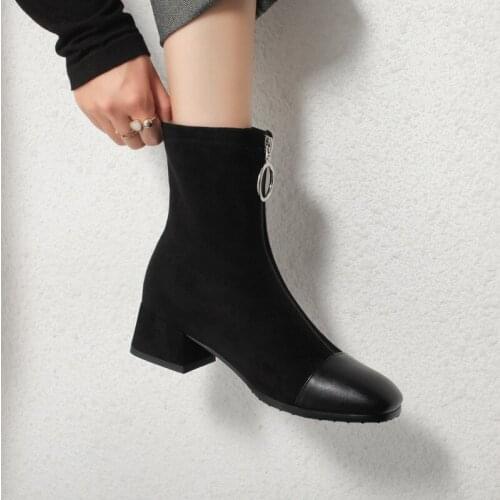 YQBTDL 2020 Winter Womens Chunky Heels Shoes Front Zipper Black Khaki Office Ladies Stretch Elastic Sexy Ankle Sock Boots Bootie