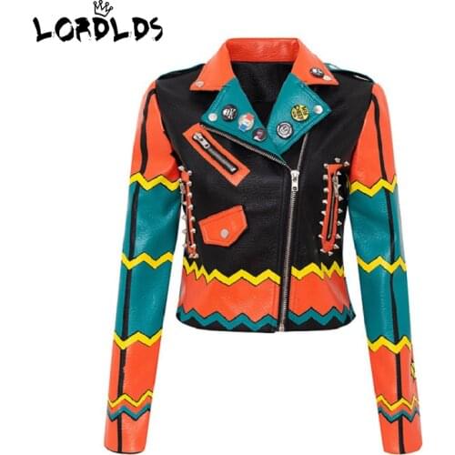 LORDLDS PU Faux Leather Jacket Women Colorful Indian Print Motorcycle Punk Style Autumn Winter Biker Outwear Coats