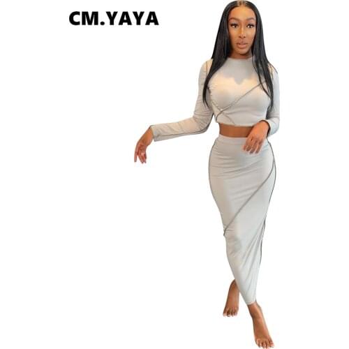 CM.YAYA Women Set Solid Full Sleeve O-neck Slim Crop Tops Stretchy Bodycon Long Skirts Two 2 Piece Sets Casual Outfit Fall 2021