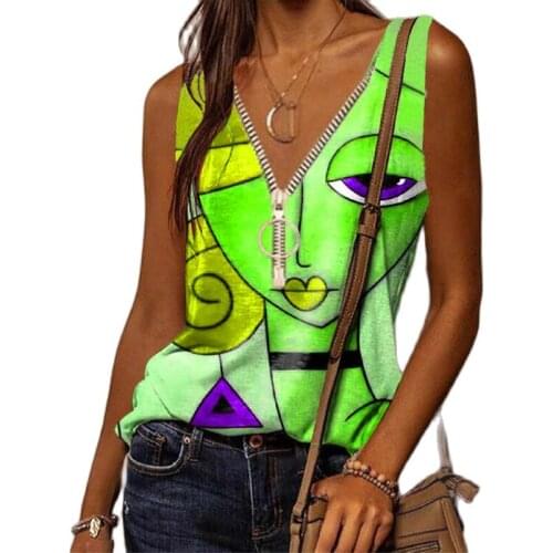 2021 Summer Womens Fashion Personalized printing Vest Sleeveless Top Casual Loose Stitching Zipper V-neck 5XL Oversized Tank