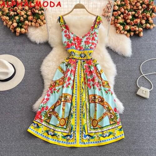 ALPHALMODA New Printed Tank Dress Retro Style Stretchy Waist A-line Women Elegant Mid-calf Sun Dress